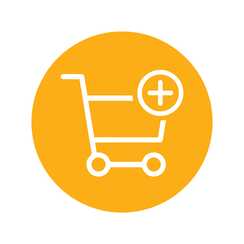 Orange circular icon with shopping cart in white outline. 